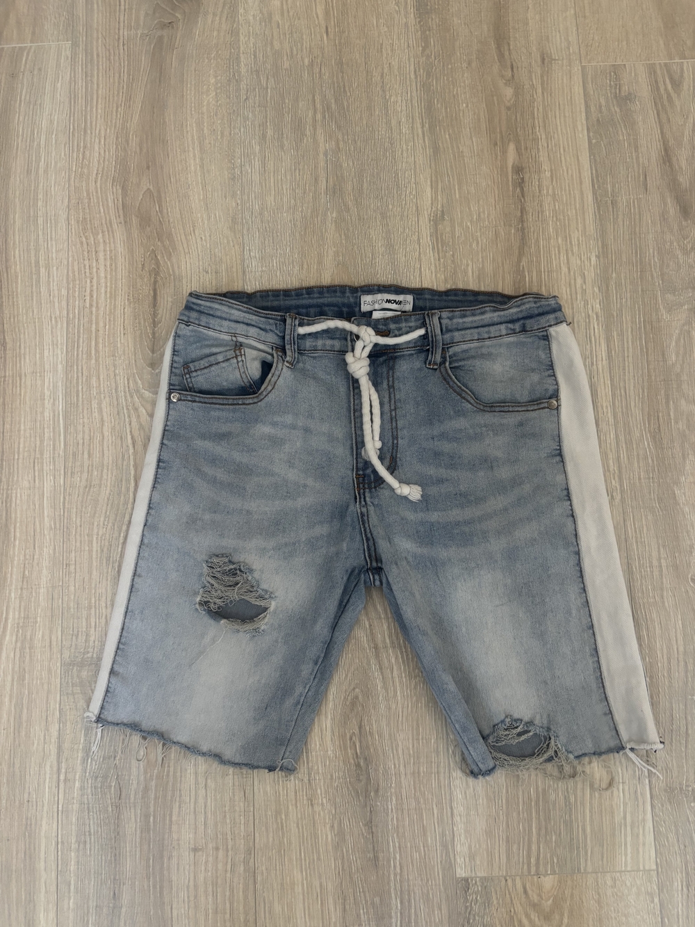 Fashion Nova Light Blue Distressed Denim Jean Shorts with White Side Panels